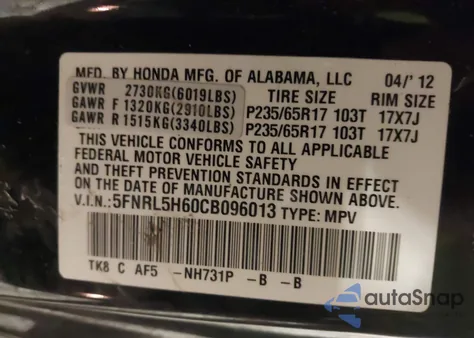 2012 Honda Odyssey Exl from USA, damaged, VIN 5FNRL5H60CB096013